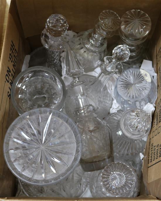 A collection of cut glass decanters